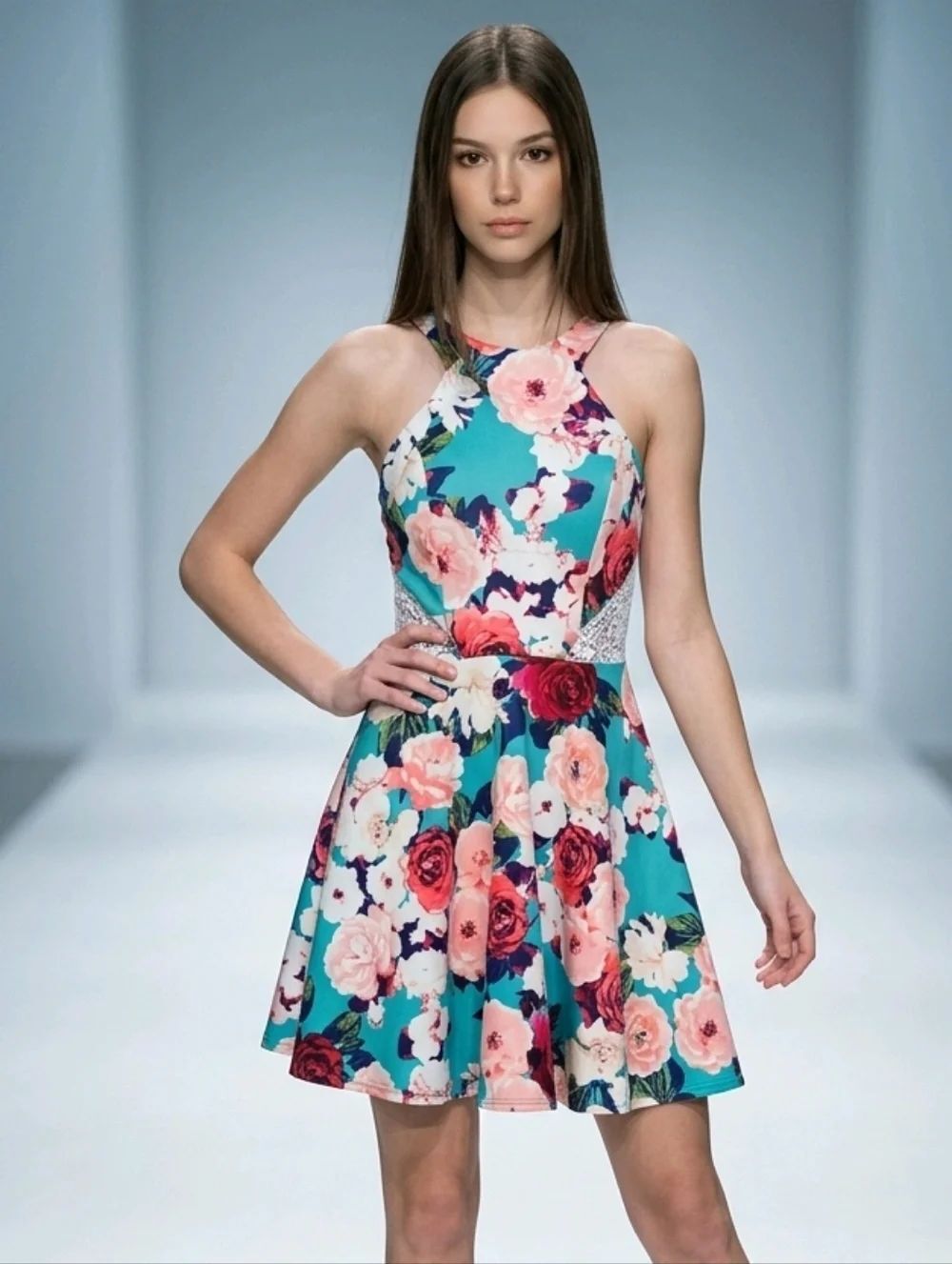 Jodi Kristopher Mint Scuba Halter Dress Size 3 Lace Cutout Skater Mini Occasion